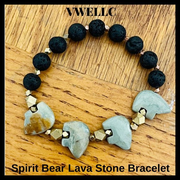 Spirit Bear Lava Stone Bracelet With Brass Gold Beads - Picture 1 of 1
